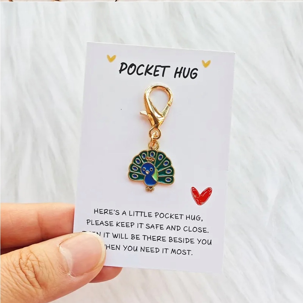 Peacock Pocket Hug Keychain Charm w Sheer Organza Bag $FIRM